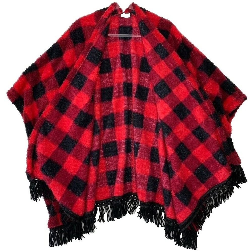 ZOE & BELLA Womens Size S/M Wrap Poncho with Sleeve Cover Up Fringe Fuzzy Plaid